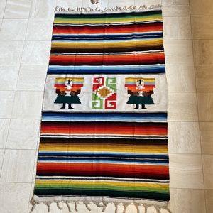 Vintage Lg. Aztec Mexican Handwoven Multicolor Wool Rug, Tapestry Blanket Serape